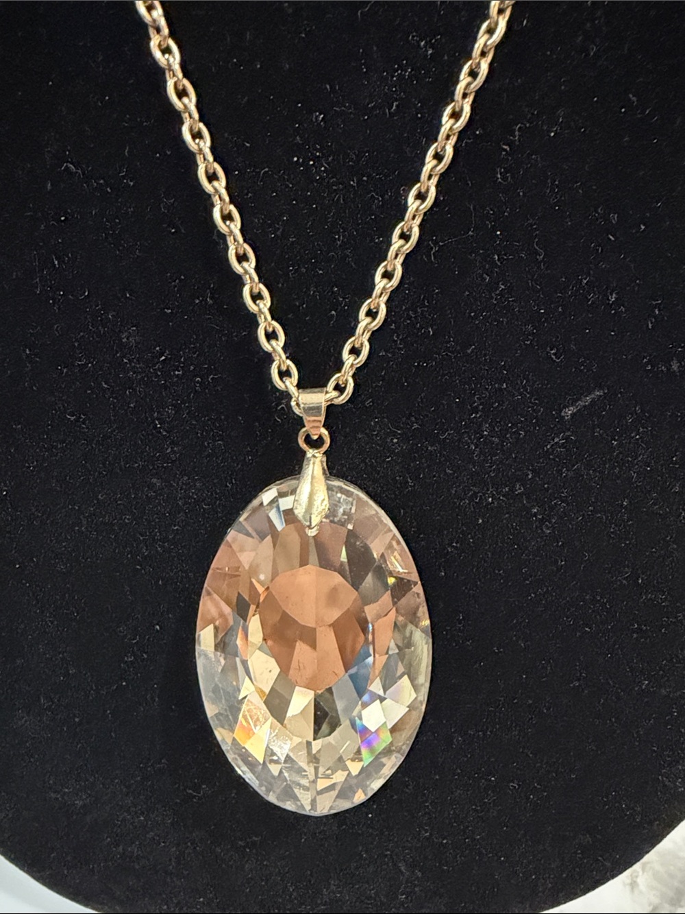 Gold-Tone Oval Crystal Pendant Necklace - Unbranded